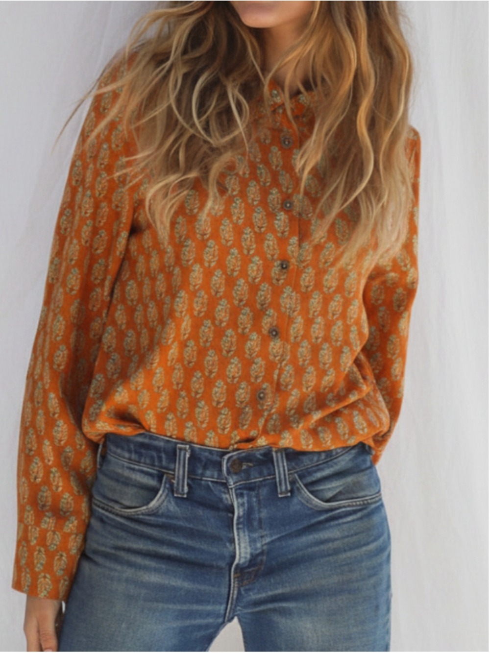 Jen's Pirate Booty Amata Button Down Shirt Daydream Flame Women's Large Orange